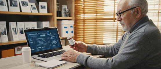 Healthcare and Technology: A senior individual consults healthcare information on a laptop, examining medication, blending technology with well-being.