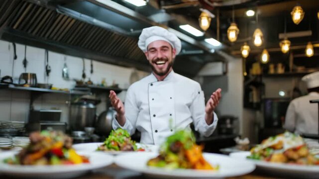 Joyful Male Chef Presenting Gourmet Dishes in a Professional Restaurant Kitchen