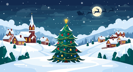 Festive Snow-Covered Village with a Decorated Christmas Tree Under a Starlit Sky