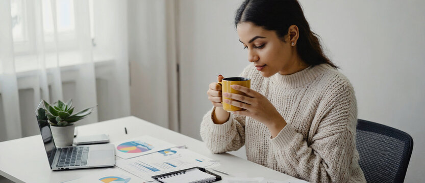 Morning Coffee and Analytical Focus: A focused individual, surrounded by financial charts and technology, pauses to sip from a mug, embodying the essence of a productive morning in a modern workspace.