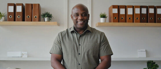 Smiling Business Professional: A confident and poised man exudes success as he stands within a modern office setting. The picture encapsulates professionalism, leadership, and expertise
