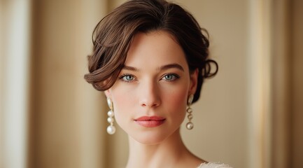 Elegant young woman with glowing skin and pearl earrings on beige background