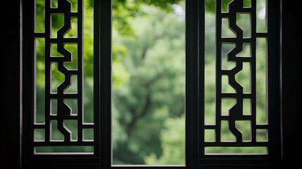 Framed by intricate woodwork, lush greenery blurs beyond the window, inviting calm and reflection. Nature's gentle embrace, seen through crafted artistry.
