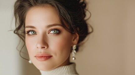 Elegant young woman with glowing skin and pearl earrings on beige background