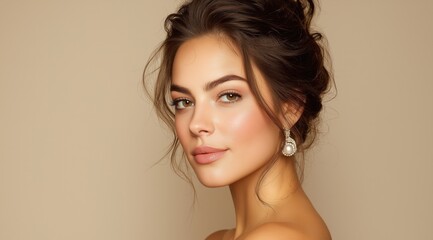 Elegant young woman with glowing skin and pearl earrings on beige background