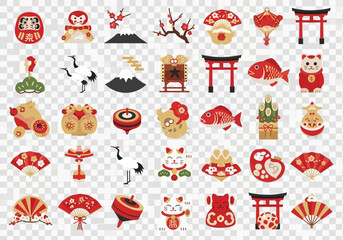 Traditional Japanese New Year Lucky Charm Vector Icon Set - Oshogatsu Celebration Collection