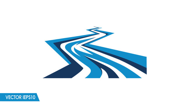 A stylized blue river illustration on a white background, representing direction and flow