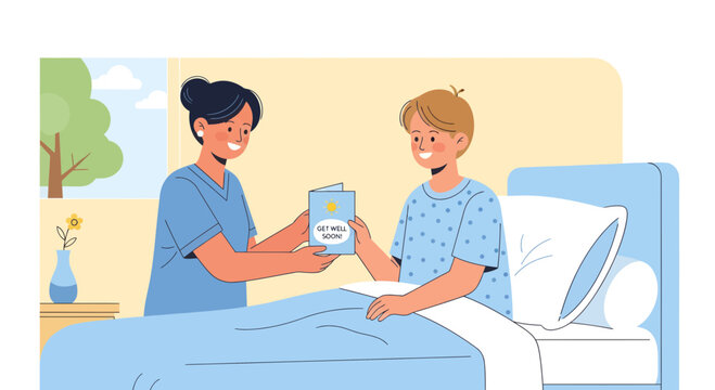 Caring Nurse Comforts Patient By Giving Get Well Soon Card In Hospital Room