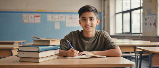 Focused Student in Classroom: A focused student, pen in hand, diligently writes in a notebook, ready to study and grow, with a backdrop of a tidy classroom.