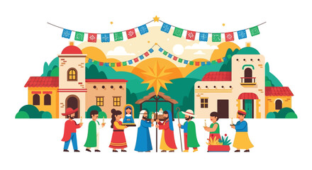 Colorful Nativity Scene Illustration with Traditional Buildings and Festive Decorations