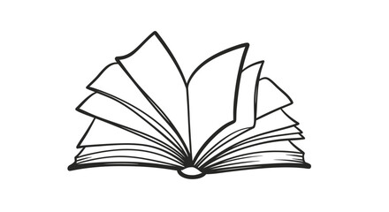 A minimalist black and white illustration of an open book with pages fanned out