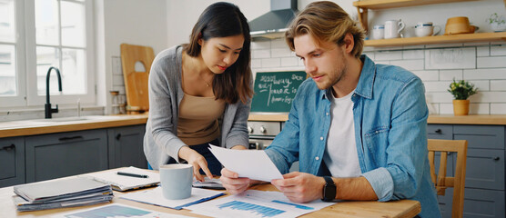 Financial Planning: A couple intently reviews paperwork, illuminated by the warm light of their home, engaging in meticulous financial planning for their future.