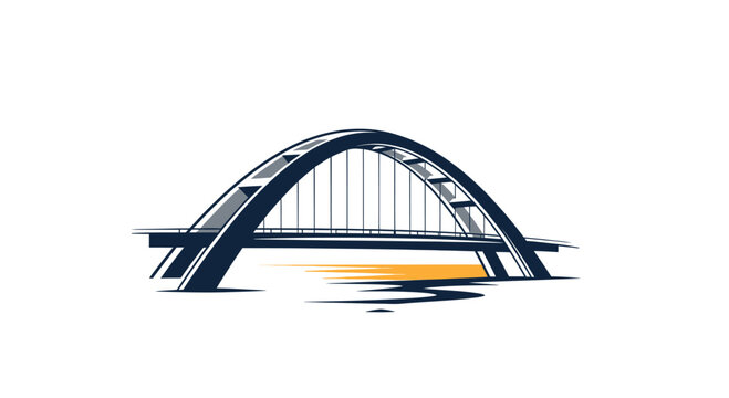 A stylized illustration of an arch bridge over water, depicted in shades of blue & yellow