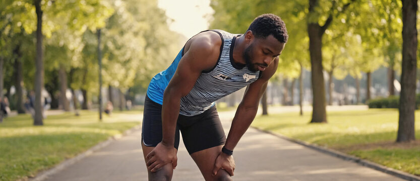 Exhausted Athlete Pauses on Track: A weary athlete pauses mid-workout, leaning forward with hands on knees. The image is a testament to the dedication, pushing limits.