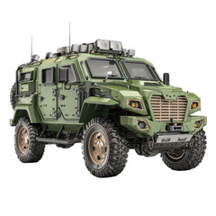 Fototapeta premium Heavy armored military vehicle in olive green with large tires and roof mounted lights