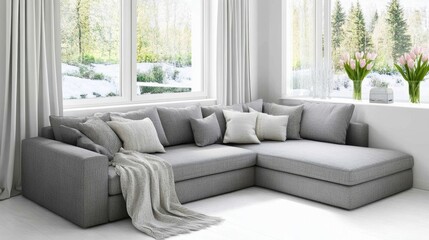 Obraz premium Cozy Grey Sectional Sofa Winter View.