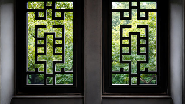 Ornate dark lattice window frames, green trees beyond, evoking tranquility and a sense of connection with nature. The lattice design gives a geometric pattern. - Powered by Adobe