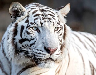Fototapeta premium Close-up of a white tiger with striking blue eyes, resting outdoors in natural light