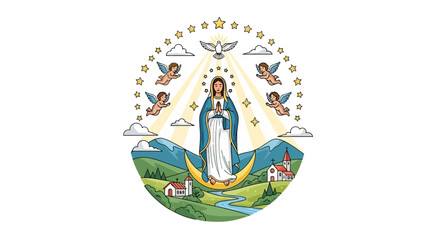 Religious illustration of Mary standing on a crescent moon surrounded by cherubs and stars