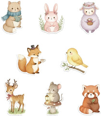 Naklejka premium Adorable Watercolor Woodland Animals Sticker Set