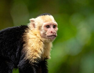Naklejka premium Close-up of a white-faced capuchin monkey against a lush green jungle background
