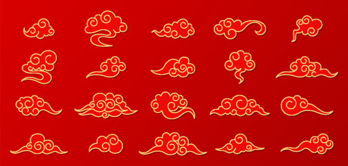 
Set of red and gold Chinese style clouds. Traditional Asian cloud ornament set inspired by classic culture and calligraphy art. Vector illustration.
