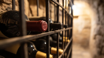 Fototapeta premium A dimly lit wine cellar featuring a metal rack filled with wine bottles. A red-sealed bottle takes center stage, complemented by rows of wines in a rustic, timeless setting, creating ambiance.