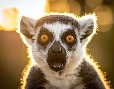 Close-up of a lemur with wide eyes, bathed in warm sunset light