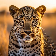 Obraz premium Close-up of a leopard in golden light, looking directly at the viewer