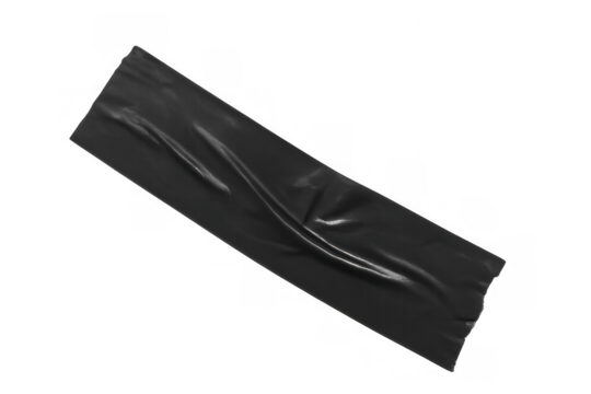 Black adhesive tape piece, crumpled and torn, sticking on transparent background, adding texture and repair element