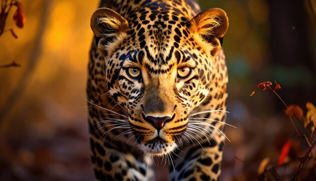 Close-up of a leopard walking towards the viewer in vibrant autumn light