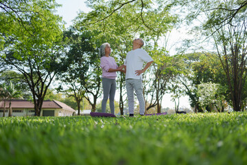 Happy asian senior couple enjoy healthy outdoor lifestyle in green park. Joyful elderly man and woman talking together on sunny summer day