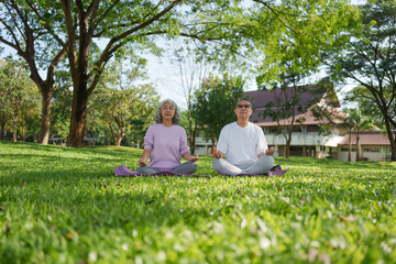 Calm senior couple practicing outdoor meditation and yoga in green park. Peaceful moment in nature for healthy retirement lifestyle