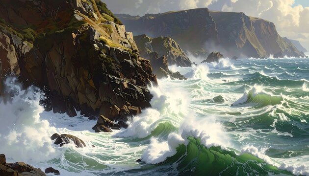 Dramatic seascape painting with rugged cliffs and powerful ocean waves crashing - Powered by Adobe