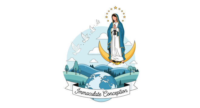 Immaculate Conception Illustration A depiction of the Virgin Mary, and religious symbolism