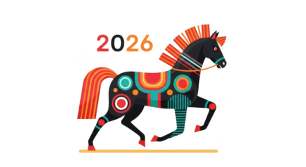 Stylized decorative horse with vibrant folk art patterns for year 2026