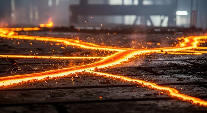 Molten metal streams glow intensely, tracing fiery paths across a dark industrial floor, illustrating the powerful heat and dynamic processes of heavy industry and steel production