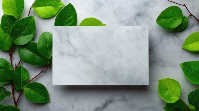Elegant marble background with fresh green leaves for product display, branding, or nature-inspired presentations in a modern setting