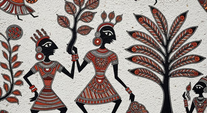 Traditional warli art depicting tribal figures and nature motifs