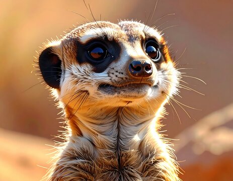Close-up of a meerkat's face, focused, and in warm sunlight - Powered by Adobe