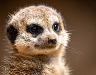Close-up of a meerkat's face, showcasing its curious gaze