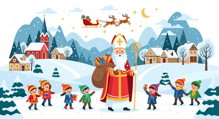 Saint Nicholas Day Celebration Festive Winter Scene with Children and Gifts Under Snowy Sky