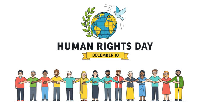 Human Rights Day December 10th Celebration Illustration with Diverse People Holding Hands and Dove of Peace