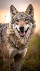 Obraz premium Close-up of a wolf in a grassy field, with a blurred, warm-toned background