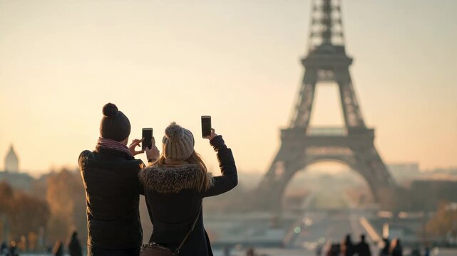 Couple Photographing Eiffel Tower with Smartphones at Golden Hour in Paris