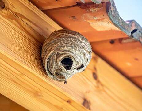 Close-up of a paper wasp nest under a roof - Powered by Adobe