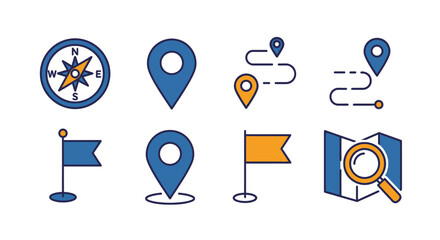 A set of simple, colorful vector illustrations featuring navigation-related icons. The icons include a compass, map pins, flags, and a map with a magnifying glass