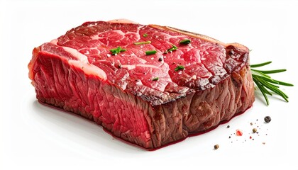Close-up of a perfectly marbled and seasoned raw steak on white