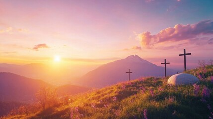 Sunset Crosses Mountaintop Easter Hope.