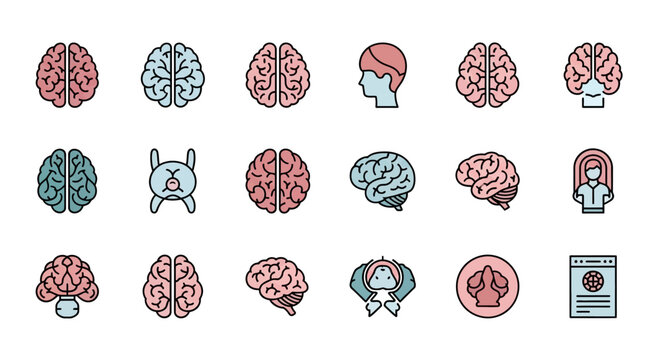 A collection of stylized brain icons with varying colors, positions, and outlines. A profile, a cross-section, and a person in a machine are shown. The style is simple and graphic